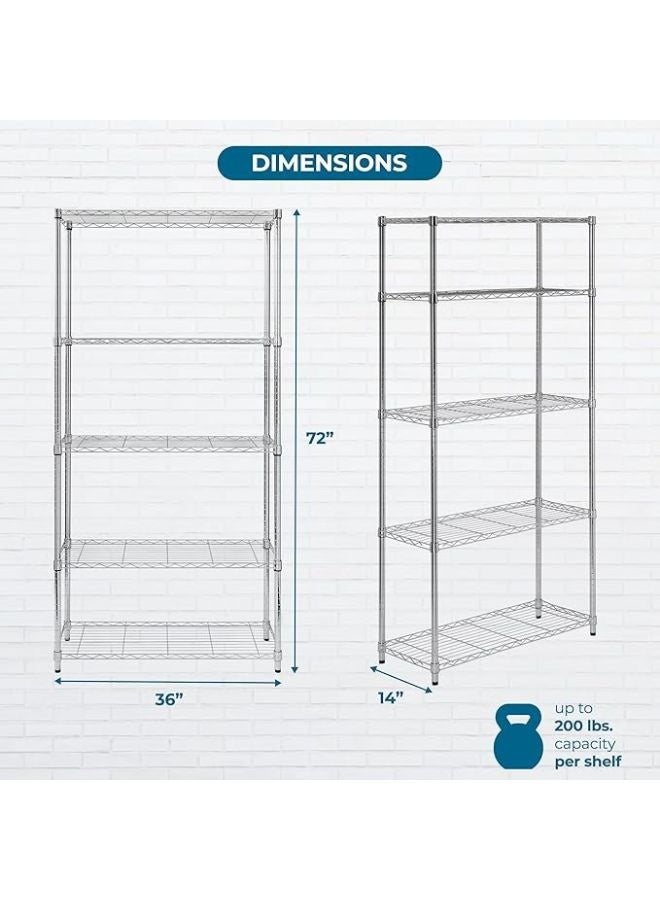 5-Shelf Storage Unit With Height Adjustable Shelves and Levelling Feet,  Max Weight, Chrome, 35.5 cm D x 91.4 cm W x 182.8 cm H - Image 4