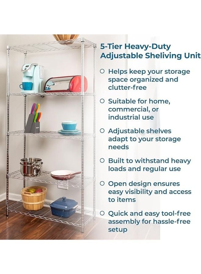 5-Shelf Storage Unit With Height Adjustable Shelves and Levelling Feet,  Max Weight, Chrome, 35.5 cm D x 91.4 cm W x 182.8 cm H - Image 5