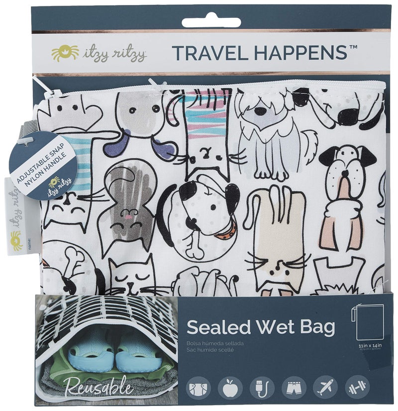 Itzy Ritzy Sealed Wet Bag with Handle â€“ Wet Bag for Travel, Swimsuits, Cloth Diapers, Gym Clothes & Toiletries - Washable & Reusable with Water Resistant Lining - Measures 11â€ x 14â€ (Cats & Dogs) - Image 5