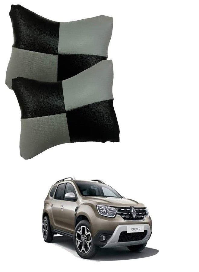 PulGos Grey Universal Neck Rest Pillow Faux Leather Material in Check Design for All Cars_1015 - Image 1