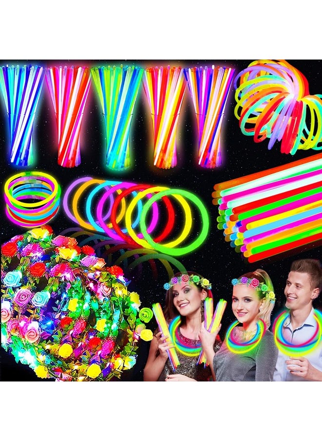 Camlinbo 106 Pack New Years Eve Glow in the Dark Party Supplies-100 Glow Sticks Bulk Party Pack and 6 LED Flower Crowns Headbands Light Up Party Favors for Adult Kids New Years Birthday Party Accessories  - Image 1
