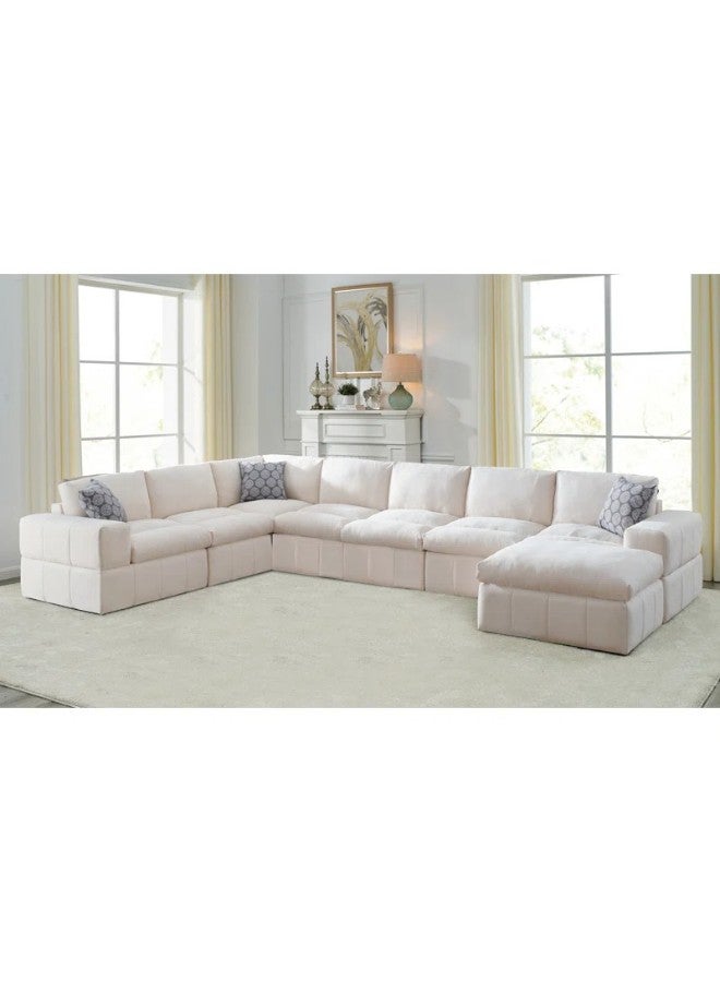 هوم جويز كنب زاوية رترو لوكس حرف U - خشب سويدي قماش كتان - أبيض - Image 1