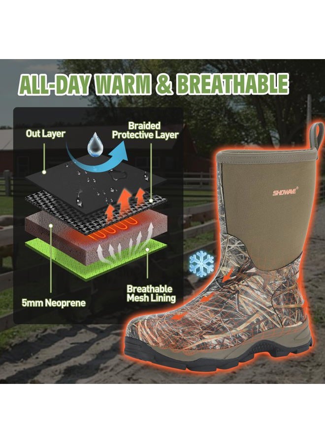 Showave Men's Rubber Boots Durable Waterproof Insulated Rain Boot Neoprene Heavy-duty Mud Outdoor Garden Working Hunting Boots, Camo, 10 - Image 5