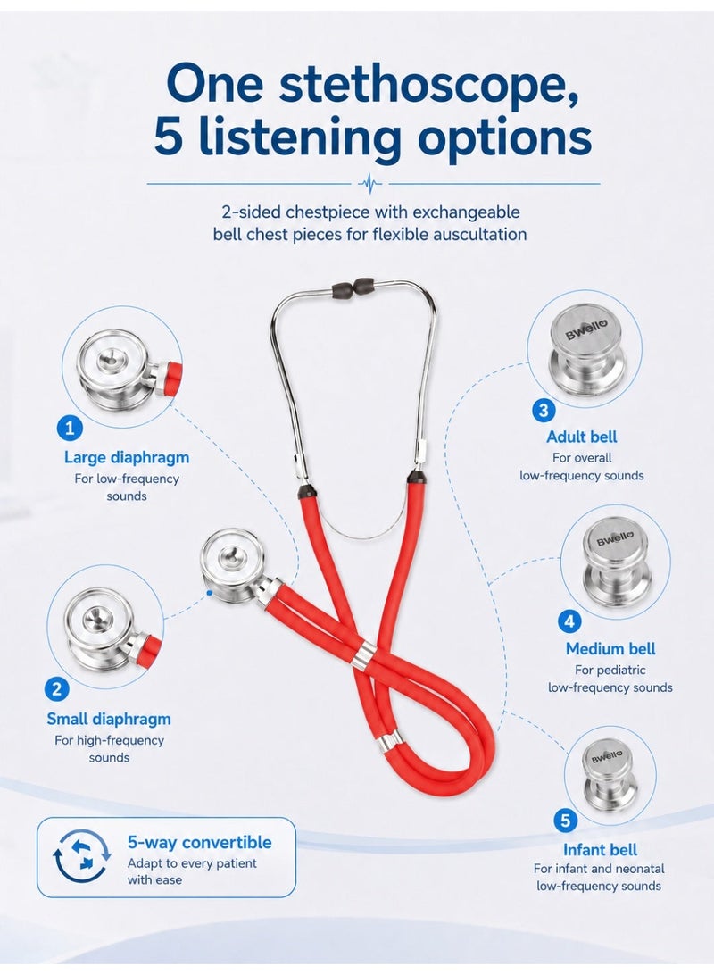 B.Well WS-3 Red Sprague Rappaport Type Stethoscope with Accessory Kit - Image 3