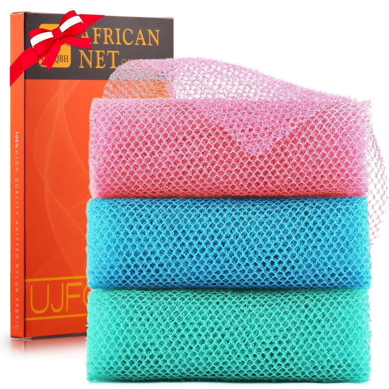 UJFQBH 3 Pieces African exfoliating net African Net Long Net Bath Sponge Exfoliating Shower Body Scrubber Back Scrubber Skin SmootherGreat for Daily Use Pink Blue Green