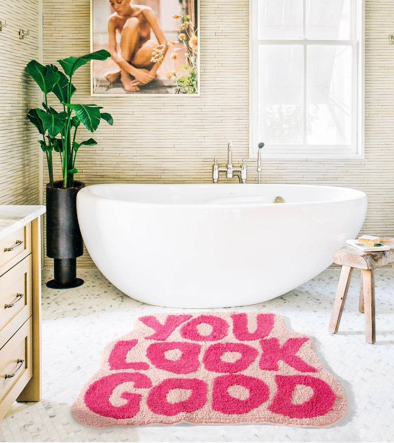 DyeFury You Look Good Bath Mat Pink, Cute Bathroom Rugs for Girls Fun Funny Funky Rug Bedroom Pink Preppy Bathroom Decor Hello Beautiful Gorgeous Bath Rugs for Kids Women Non-Slip, 25" x 21" - Image 2