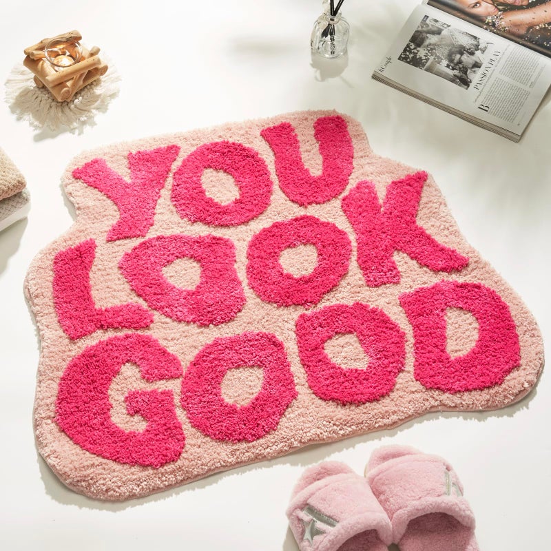 DyeFury You Look Good Bath Mat Pink, Cute Bathroom Rugs for Girls Fun Funny Funky Rug Bedroom Pink Preppy Bathroom Decor Hello Beautiful Gorgeous Bath Rugs for Kids Women Non-Slip, 25" x 21" - Image 1