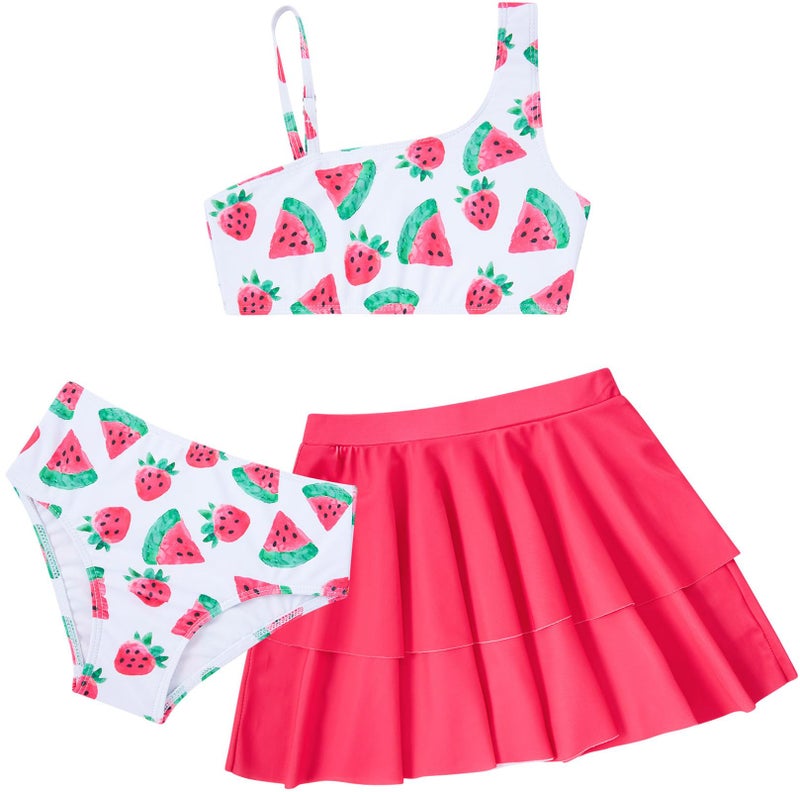 RAISEVERN Little Girls Bathing Suit 9-10 Years 3 Piece Watermelon Swimsuit Adjustable Spaghetti Strap Strawberry Bikini Sets with Ruffle Cover Ups Beach Skirt Cute Quick Dry Tankini Summer Swimwear - Image 1