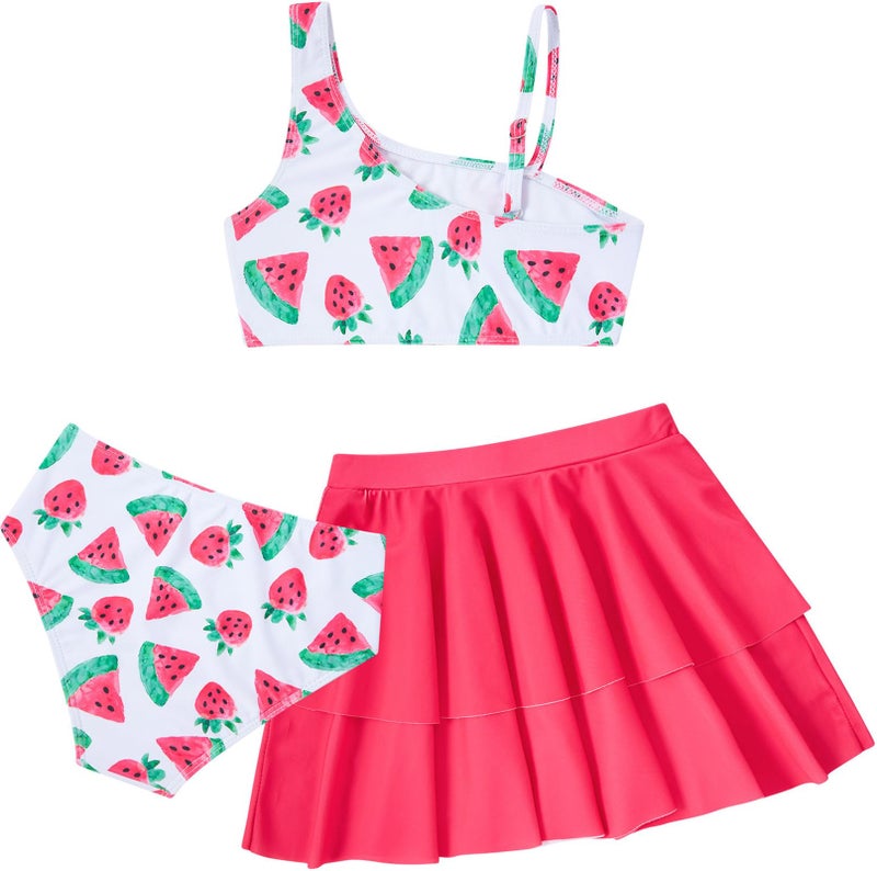 RAISEVERN Little Girls Bathing Suit 9-10 Years 3 Piece Watermelon Swimsuit Adjustable Spaghetti Strap Strawberry Bikini Sets with Ruffle Cover Ups Beach Skirt Cute Quick Dry Tankini Summer Swimwear - Image 2