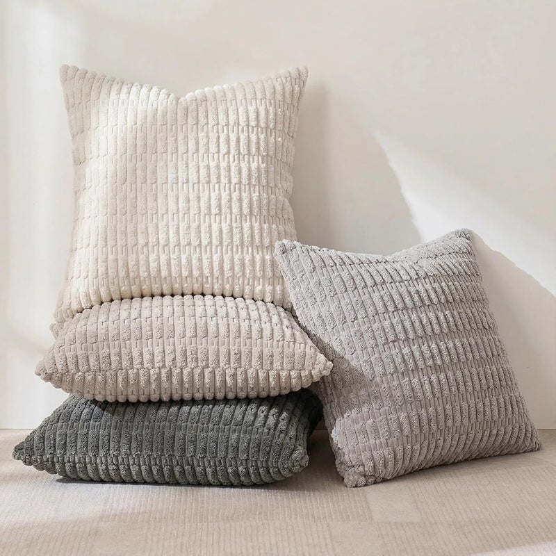 Fancy Homi Set of 4 Grey and White Decorative Throw Pillow Covers 16x16 Inch for Couch Bed Chair, Modern Farmhouse Boho Room Decor, Soft Fuzzy Double Sided Corduroy Textured Striped Cushion Case 40cm - Image 3