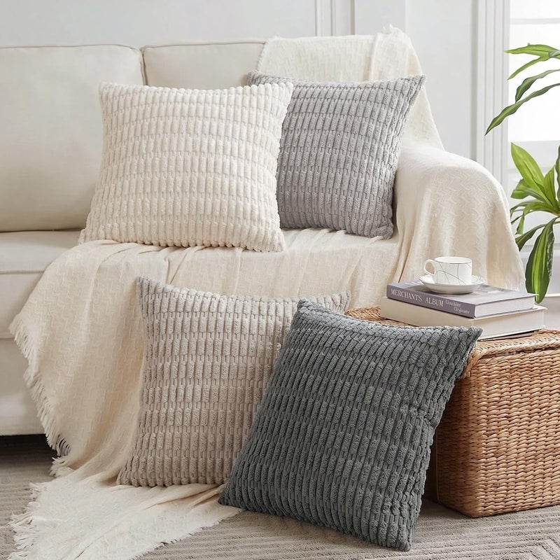 Fancy Homi Set of 4 Grey and White Decorative Throw Pillow Covers 16x16 Inch for Couch Bed Chair, Modern Farmhouse Boho Room Decor, Soft Fuzzy Double Sided Corduroy Textured Striped Cushion Case 40cm - Image 1