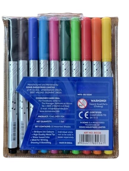 DOMS Doms F9 Fine Liner Set Of 10 Assorted Shades 05 Mm Unique Push Resistant Metal Tip Water Based Ink Ideal For Writing Drawing Sketching - Image 3