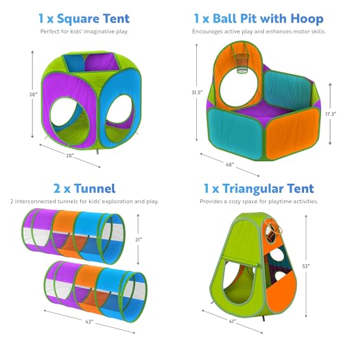 Playz 5-Piece Kids Pop up Play Tent Crawl Tunnel and Ball Pit with Basketball Hoop Playhouse for Boys, Girls, Babies, and Toddlers (Purple, Orange, Yellow, Red, Blue) - Image 2