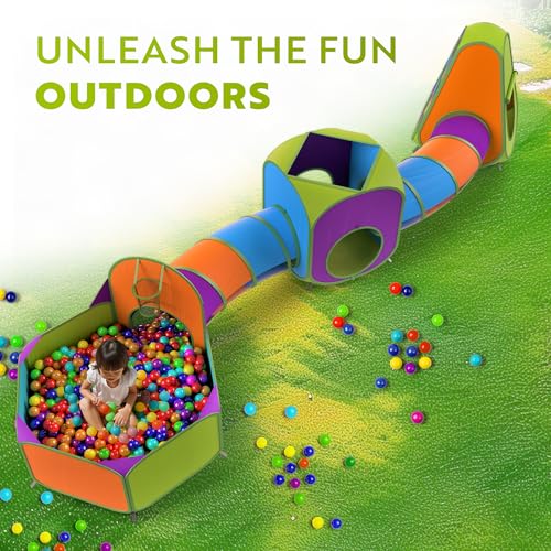 Playz 5-Piece Kids Pop up Play Tent Crawl Tunnel and Ball Pit with Basketball Hoop Playhouse for Boys, Girls, Babies, and Toddlers (Purple, Orange, Yellow, Red, Blue) - Image 5