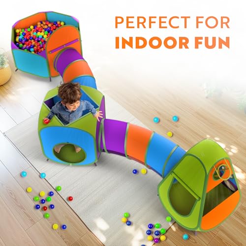 Playz 5-Piece Kids Pop up Play Tent Crawl Tunnel and Ball Pit with Basketball Hoop Playhouse for Boys, Girls, Babies, and Toddlers (Purple, Orange, Yellow, Red, Blue) - Image 4