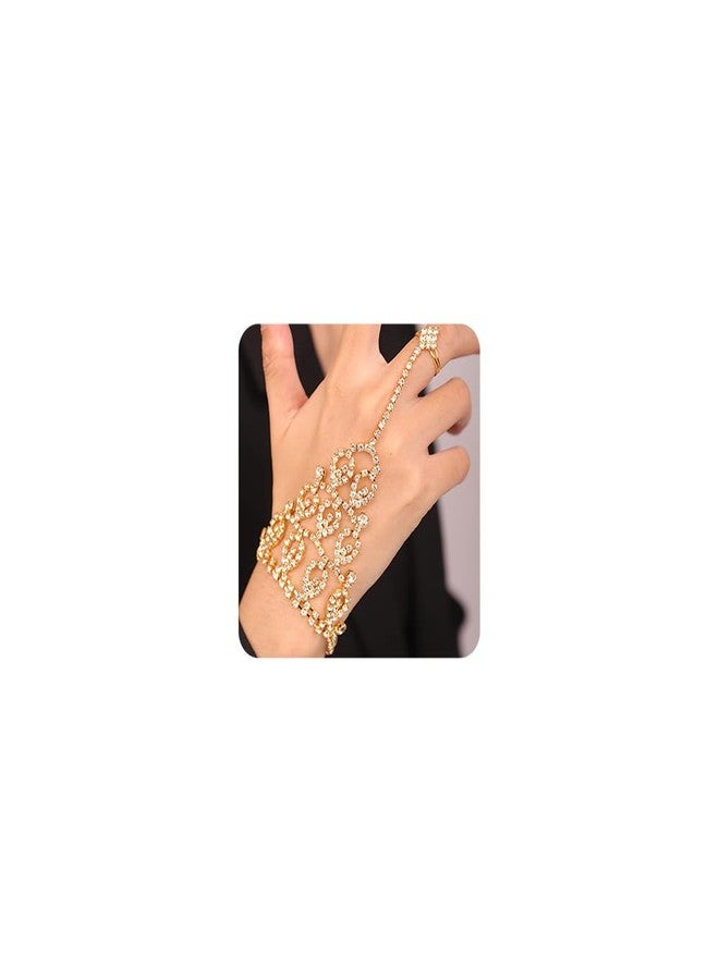 Chargances Gold Sparkly Crystal Finger Ring Bracelet Bridal Rhinestone Slave Chain Link Bangle Wedding Hand Harness Bangle Hand Jewelry Accessories for Women (Style 13) - Image 1