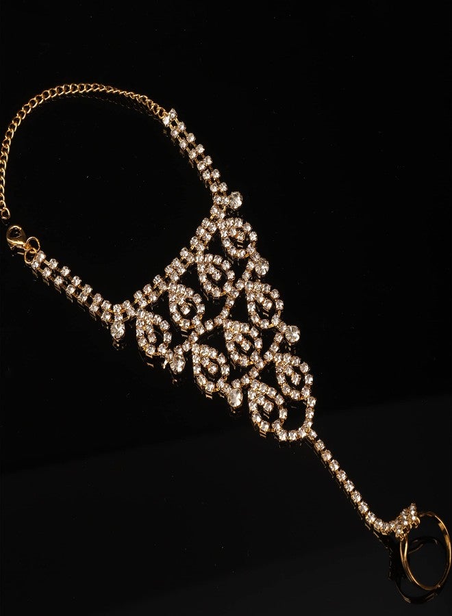 Chargances Gold Sparkly Crystal Finger Ring Bracelet Bridal Rhinestone Slave Chain Link Bangle Wedding Hand Harness Bangle Hand Jewelry Accessories for Women (Style 13) - Image 4