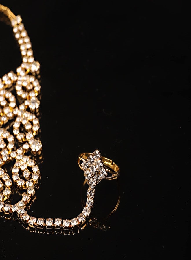Chargances Gold Sparkly Crystal Finger Ring Bracelet Bridal Rhinestone Slave Chain Link Bangle Wedding Hand Harness Bangle Hand Jewelry Accessories for Women (Style 13) - Image 3