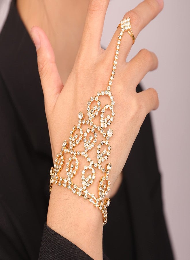 Chargances Gold Sparkly Crystal Finger Ring Bracelet Bridal Rhinestone Slave Chain Link Bangle Wedding Hand Harness Bangle Hand Jewelry Accessories for Women (Style 13) - Image 2