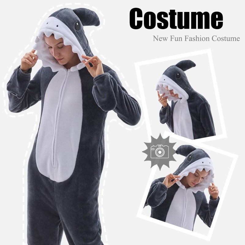 JUOLOET Unisex Adult Onesie Pajamas Shark Animal One Piece Snug Fit Halloween Costume Sleepwear Homewear ï¼ˆGrey Shark,Smallï¼‰ - Image 4