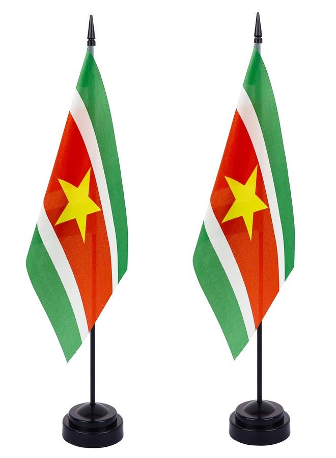 WXTWK 2 Pack Suriname Flag Suriname Deluxe Desk Flag Set - Mini Small Suriname Table Office Flags with Black 12" Solid Pole Stand Base Classroom Meeting Desktop Decorations - Image 1
