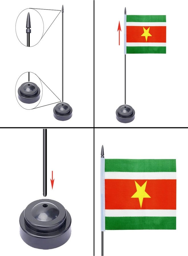 WXTWK 2 Pack Suriname Flag Suriname Deluxe Desk Flag Set - Mini Small Suriname Table Office Flags with Black 12" Solid Pole Stand Base Classroom Meeting Desktop Decorations - Image 3