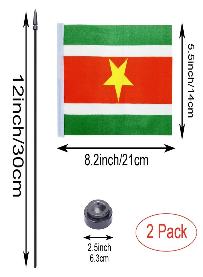 WXTWK 2 Pack Suriname Flag Suriname Deluxe Desk Flag Set - Mini Small Suriname Table Office Flags with Black 12" Solid Pole Stand Base Classroom Meeting Desktop Decorations - Image 2