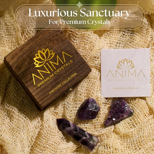 Anima Premium Amethyst Crystal Set for Peace, Deep Sleep & Intuition – Authentic Deep Purple Amethyst Geode, Tower and Raw Crystal from Brazil Presented in Wooden Gift Box - Responsibly Sourced - Image 5