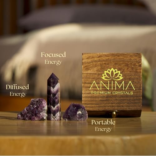Anima Premium Amethyst Crystal Set for Peace, Deep Sleep & Intuition – Authentic Deep Purple Amethyst Geode, Tower and Raw Crystal from Brazil Presented in Wooden Gift Box - Responsibly Sourced - Image 4