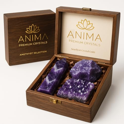 Anima Premium Amethyst Crystal Set for Peace, Deep Sleep & Intuition – Authentic Deep Purple Amethyst Geode, Tower and Raw Crystal from Brazil Presented in Wooden Gift Box - Responsibly Sourced - Image 1