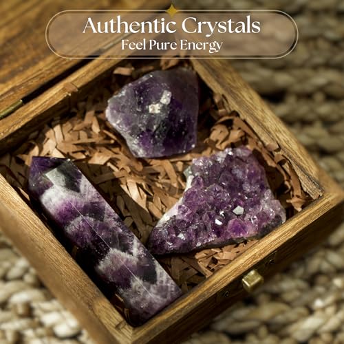 Anima Premium Amethyst Crystal Set for Peace, Deep Sleep & Intuition – Authentic Deep Purple Amethyst Geode, Tower and Raw Crystal from Brazil Presented in Wooden Gift Box - Responsibly Sourced - Image 2