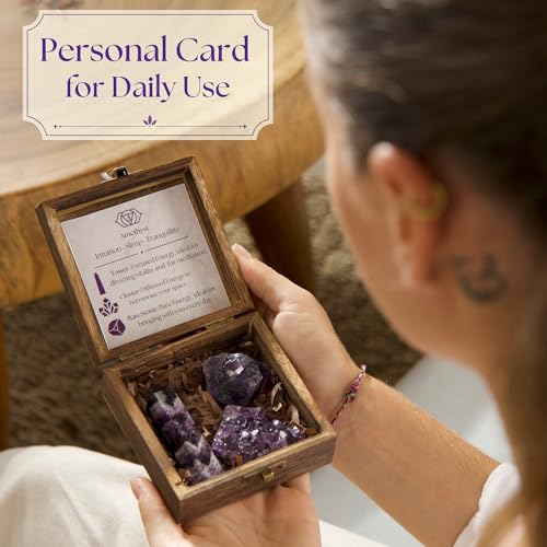 Anima Premium Amethyst Crystal Set for Peace, Deep Sleep & Intuition – Authentic Deep Purple Amethyst Geode, Tower and Raw Crystal from Brazil Presented in Wooden Gift Box - Responsibly Sourced - Image 3