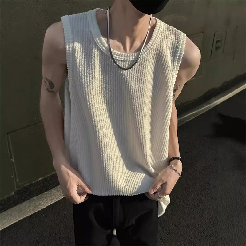 Textured Mens Tank Top Summer Loose Sleeveless Tee BX01 black