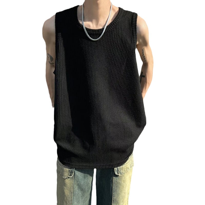 Textured Mens Tank Top Summer Loose Sleeveless Tee BX01 black