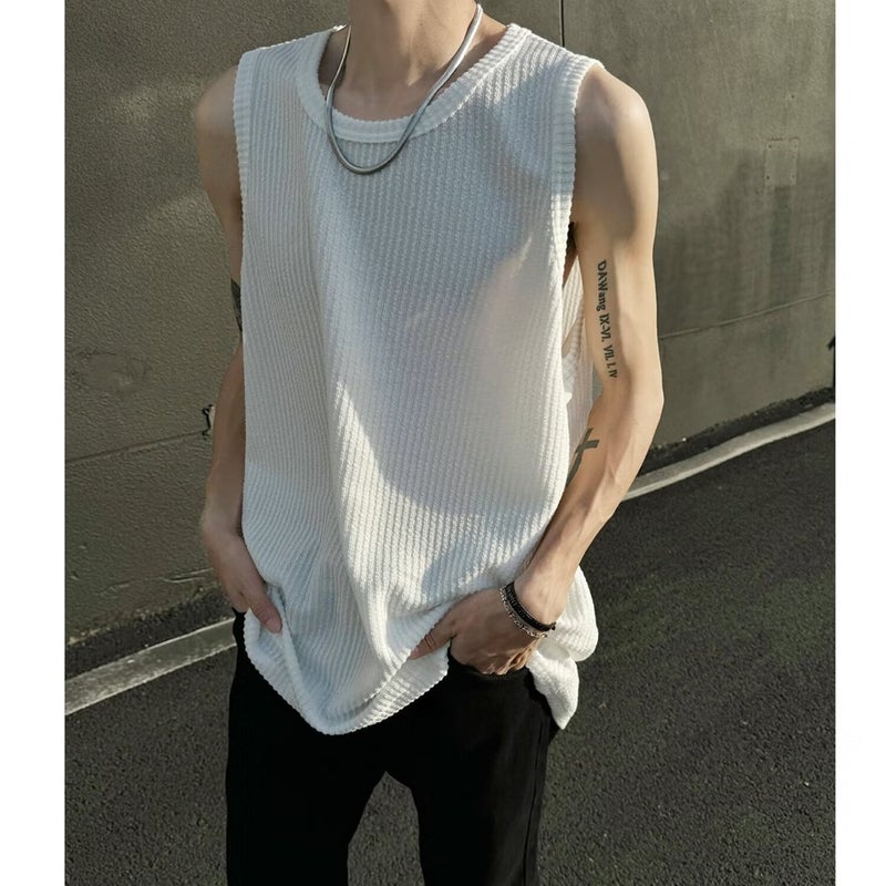 Textured Mens Tank Top Summer Loose Sleeveless Tee BX01 black