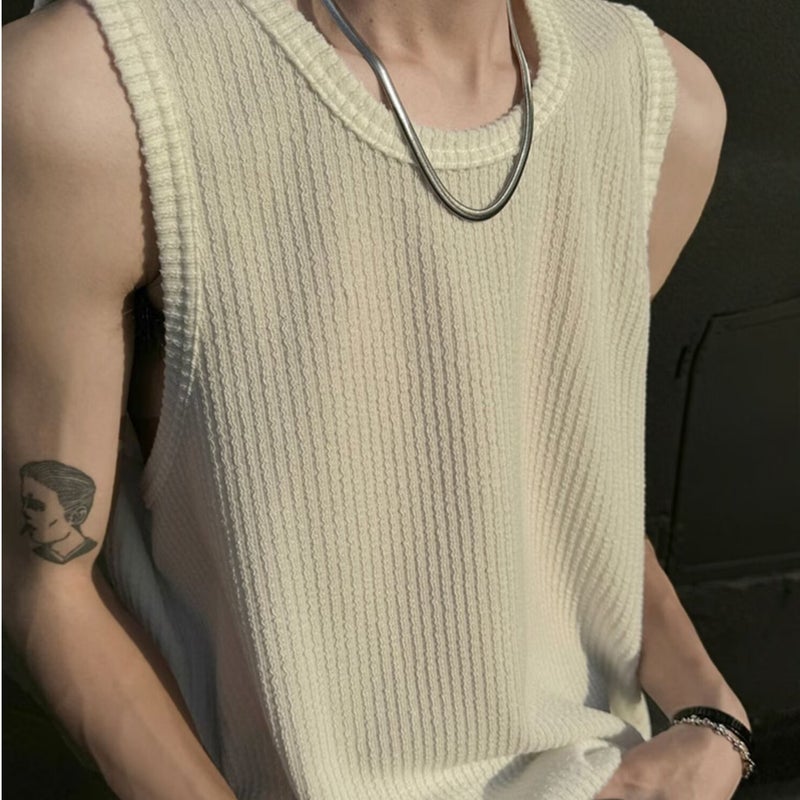 Textured Mens Tank Top Summer Loose Sleeveless Tee BX01 black