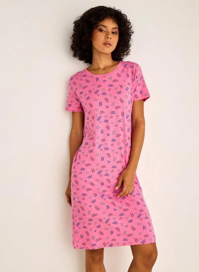 سبلاش فيڤ فستان نوم قصير بأكمام مطبوعة