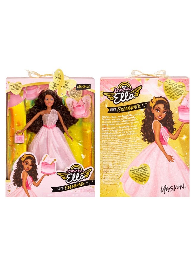 MGA Entertainment Dream Ella Let'S Celebrate Dollyasmin Pink & Gold Glitter Butterfly Confetti Unboxing 11.5 Black Hair Party Fashion Doll + 5 Accessories For Birthday Graduation Special Day  - Image 3