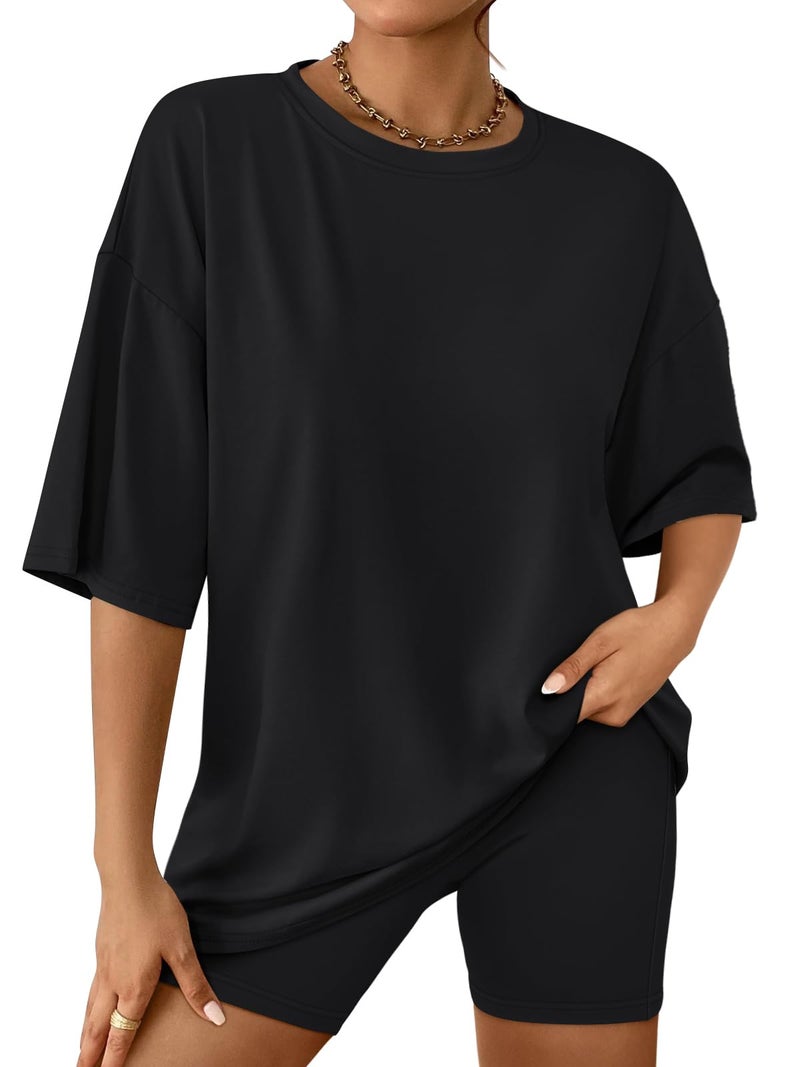 AUTOMET Womens 2 Piece Sets Summer Outfits 2025 Two Piece Lounge Set Matching Clothing Oversized Tshirts Biker Short Fashion Black S - Image 1
