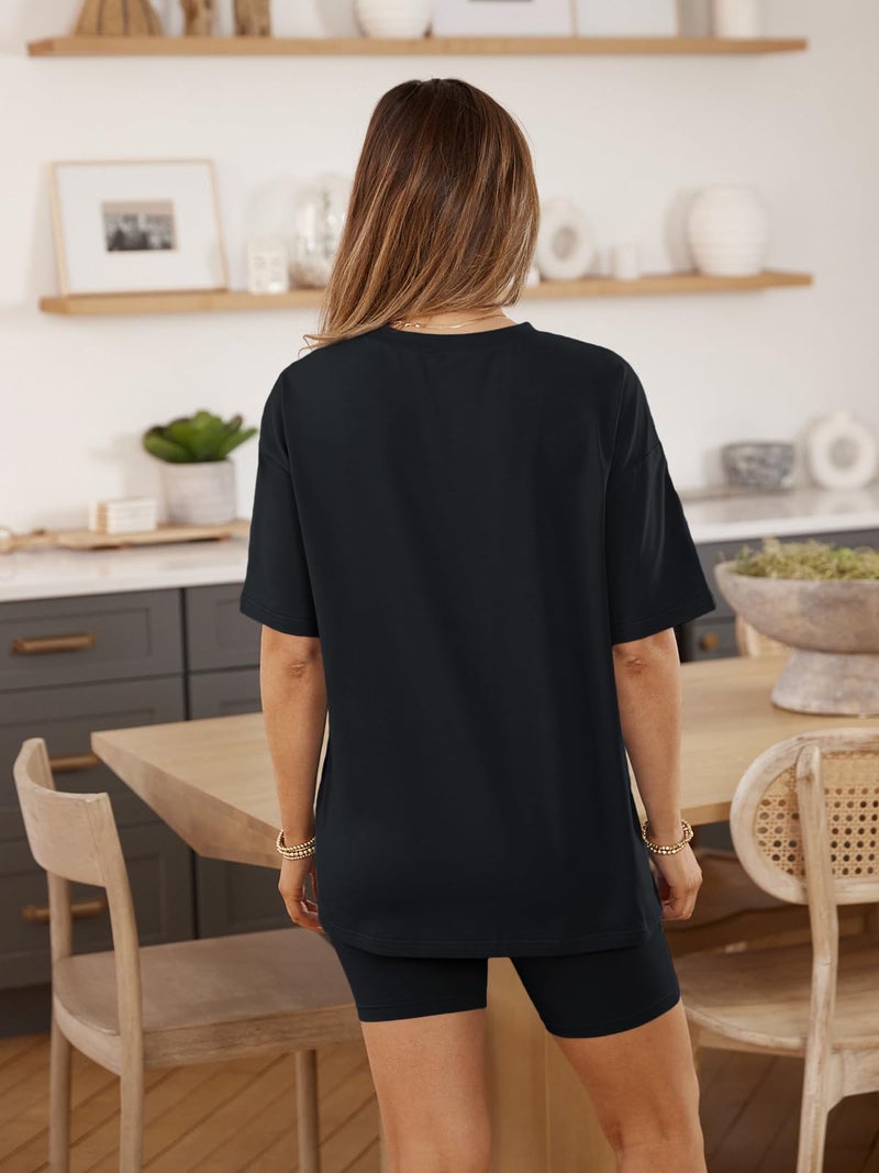 AUTOMET Womens 2 Piece Sets Summer Outfits 2025 Two Piece Lounge Set Matching Clothing Oversized Tshirts Biker Short Fashion Black S - Image 5