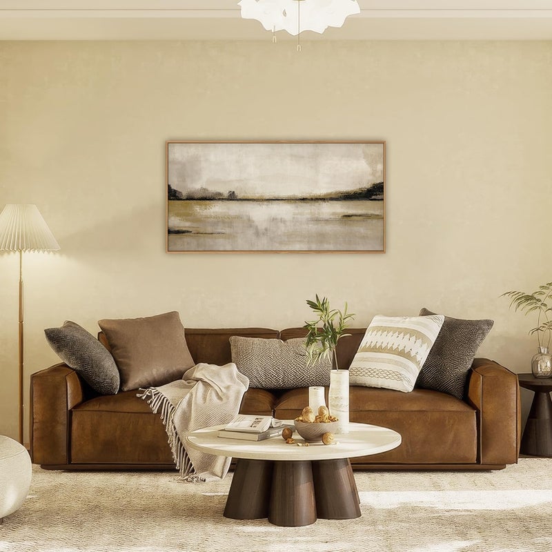 KAIRNE Large Abstract Mountain Lake Wall Art Set, Neutral Textured Canvas Wall Decor, Framed Nordic Tan Wall Painting, Nature Landscape Art Print for Bedroom, Living Room, Office - 20"x40" - Image 2