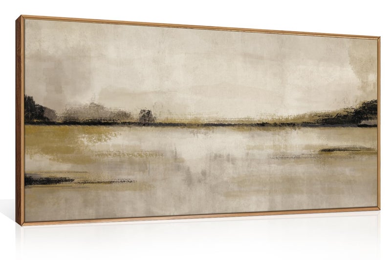 KAIRNE Large Abstract Mountain Lake Wall Art Set, Neutral Textured Canvas Wall Decor, Framed Nordic Tan Wall Painting, Nature Landscape Art Print for Bedroom, Living Room, Office - 20"x40" - Image 1