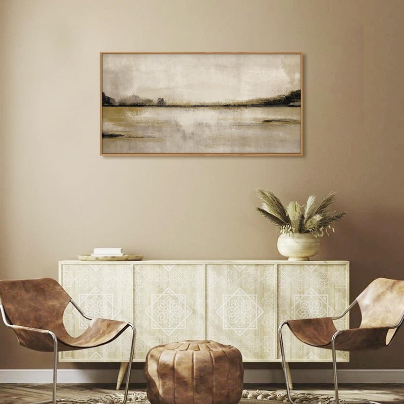KAIRNE Large Abstract Mountain Lake Wall Art Set, Neutral Textured Canvas Wall Decor, Framed Nordic Tan Wall Painting, Nature Landscape Art Print for Bedroom, Living Room, Office - 20"x40" - Image 5
