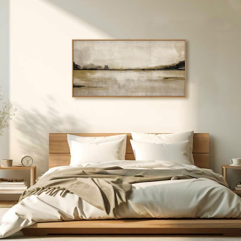 KAIRNE Large Abstract Mountain Lake Wall Art Set, Neutral Textured Canvas Wall Decor, Framed Nordic Tan Wall Painting, Nature Landscape Art Print for Bedroom, Living Room, Office - 20"x40" - Image 3