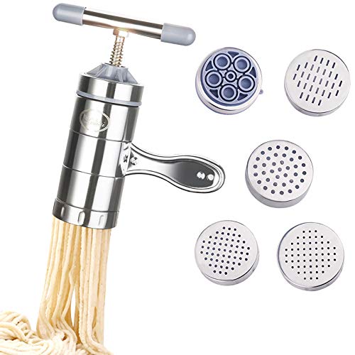 Besimple Stainless Steel Manual Noodles Maker, Portable Pasta Maker Noodle Making Press Machine Spaghetti Making Tools with 5 Noodle Mould - Image 1