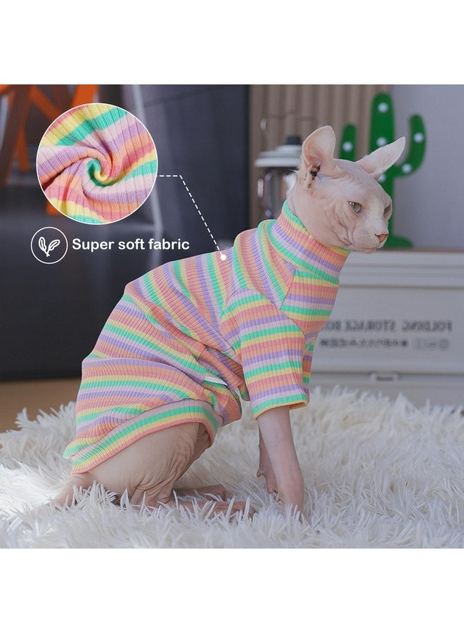 بوماي بوريتي ملابس قطط سفينكس من PUMYPOREITY، قميص قطط ناعم بدون شعر بأكمام، سترة قطط قابلة للتمدد، بدلة بيجامة قطط، زي قطط بياقة مدورة لقطط سفينكس كورنيش ريكس، ديفون ريكس، قوس قزح، مقاس صغير - Image 3