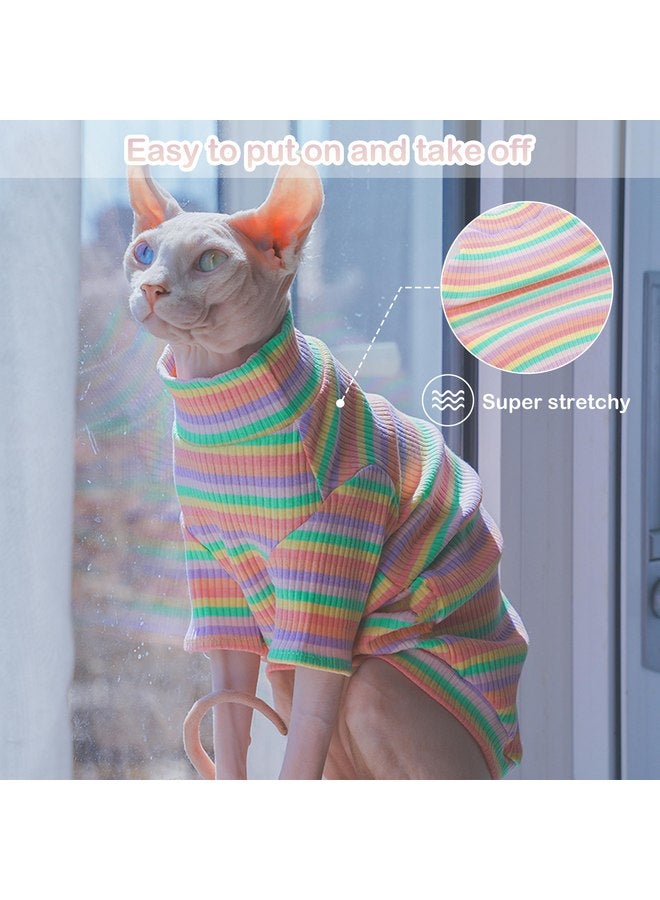 بوماي بوريتي ملابس قطط سفينكس من PUMYPOREITY، قميص قطط ناعم بدون شعر بأكمام، سترة قطط قابلة للتمدد، بدلة بيجامة قطط، زي قطط بياقة مدورة لقطط سفينكس كورنيش ريكس، ديفون ريكس، قوس قزح، مقاس صغير - Image 2