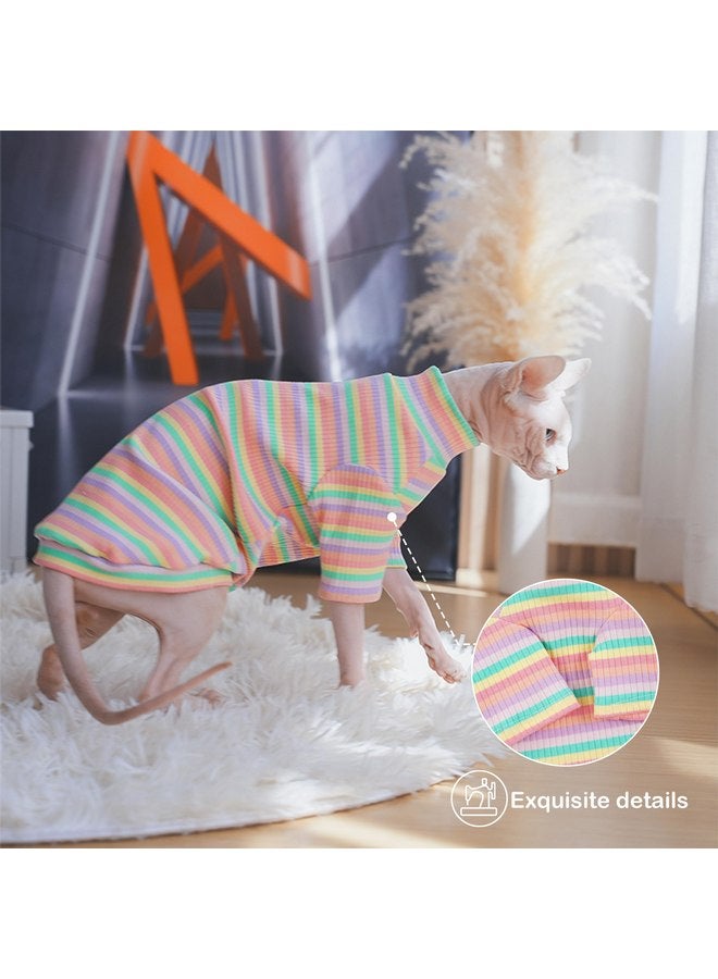 بوماي بوريتي ملابس قطط سفينكس من PUMYPOREITY، قميص قطط ناعم بدون شعر بأكمام، سترة قطط قابلة للتمدد، بدلة بيجامة قطط، زي قطط بياقة مدورة لقطط سفينكس كورنيش ريكس، ديفون ريكس، قوس قزح، مقاس صغير - Image 4