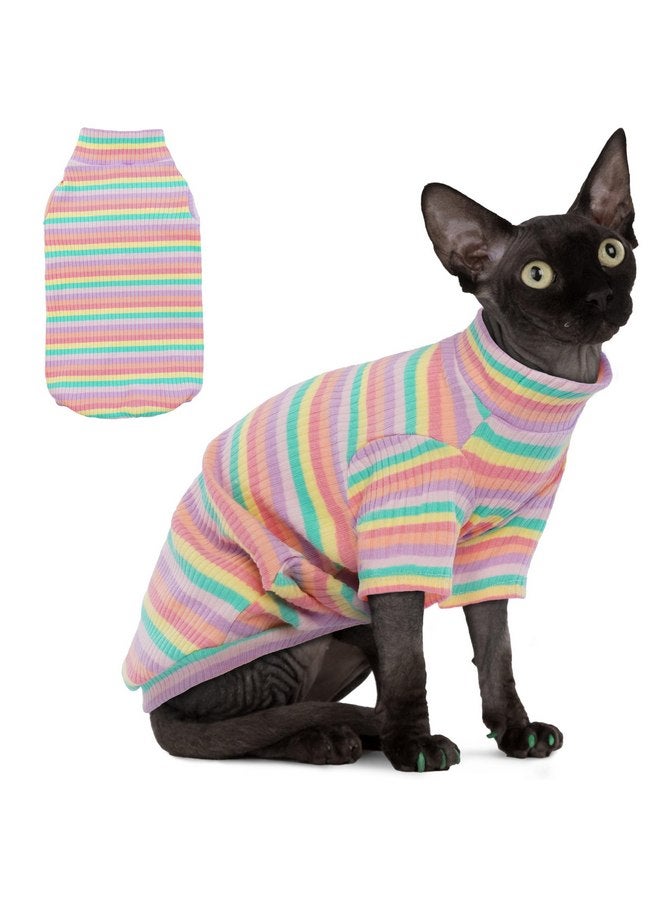 بوماي بوريتي ملابس قطط سفينكس من PUMYPOREITY، قميص قطط ناعم بدون شعر بأكمام، سترة قطط قابلة للتمدد، بدلة بيجامة قطط، زي قطط بياقة مدورة لقطط سفينكس كورنيش ريكس، ديفون ريكس، قوس قزح، مقاس صغير - Image 1