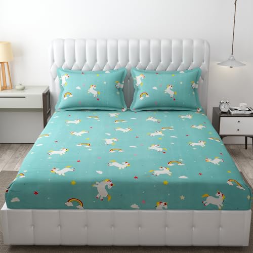 FRESH FROM LOOM Cartoon Wrinkle Free Microfiber Bedsheet for Kids (Double Bed King Size 90x90 Inches/Unicorn/Boys Girls Room), Multicolor, 144 TC - Image 1